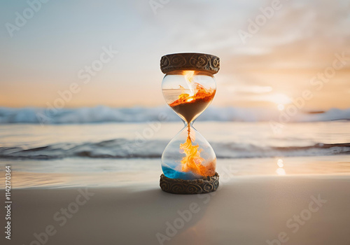 beautiful hourglass of the elements, fire, water, earth, air, copy space