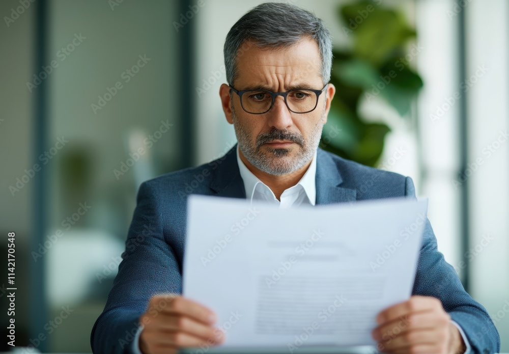 Serious Man Reading Document in Modern Office Setting Serious Man Reading Document in Modern Office Setting