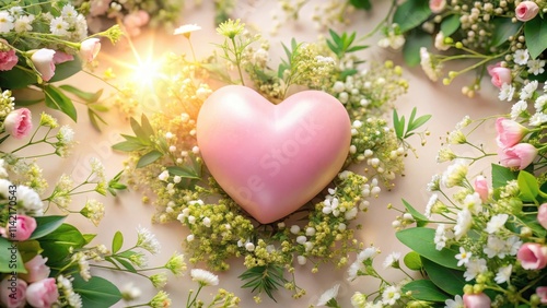 Softly glowing pink heart surrounded by delicate white flowers and greenery , pink, spring, pink, spring