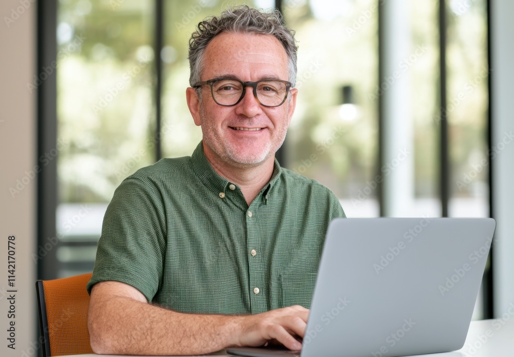Fototapeta premium Confident man smiling while using laptop in modern office setting