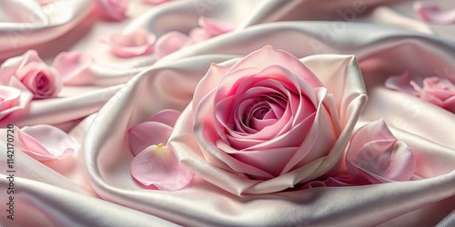 Elegant pink rose petals unfolding on a soft and luxurious silk fabric