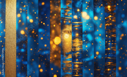 A mesmerizing array of blue and gold rectangles layered with shimmering textures and glowing abstract light effects. photo