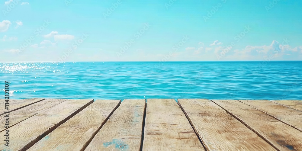 Fototapeta premium Wooden board with the ocean in the background