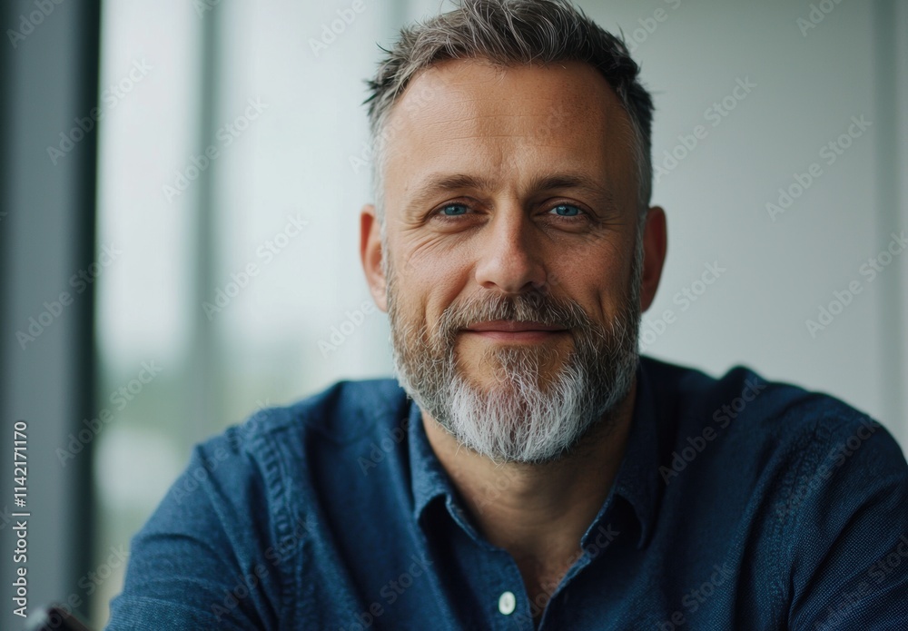 Smiling man with gray beard in casual shirt in modern office setting Smiling man with gray beard in casual shirt in modern office setting