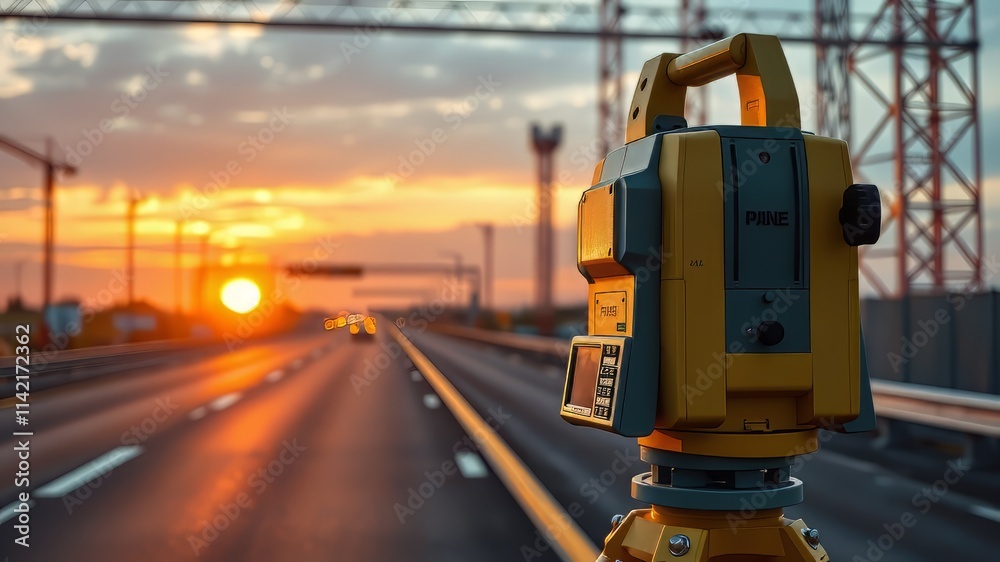 Fototapeta premium Surveyor Theodolite on Motorway Construction Sunrise - AI Photorealistic
