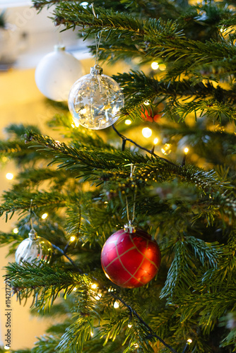Christmas tree decorated with colorful balls	