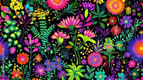 Vibrant floral seamless pattern with bright neon flowers and leaves on black background.