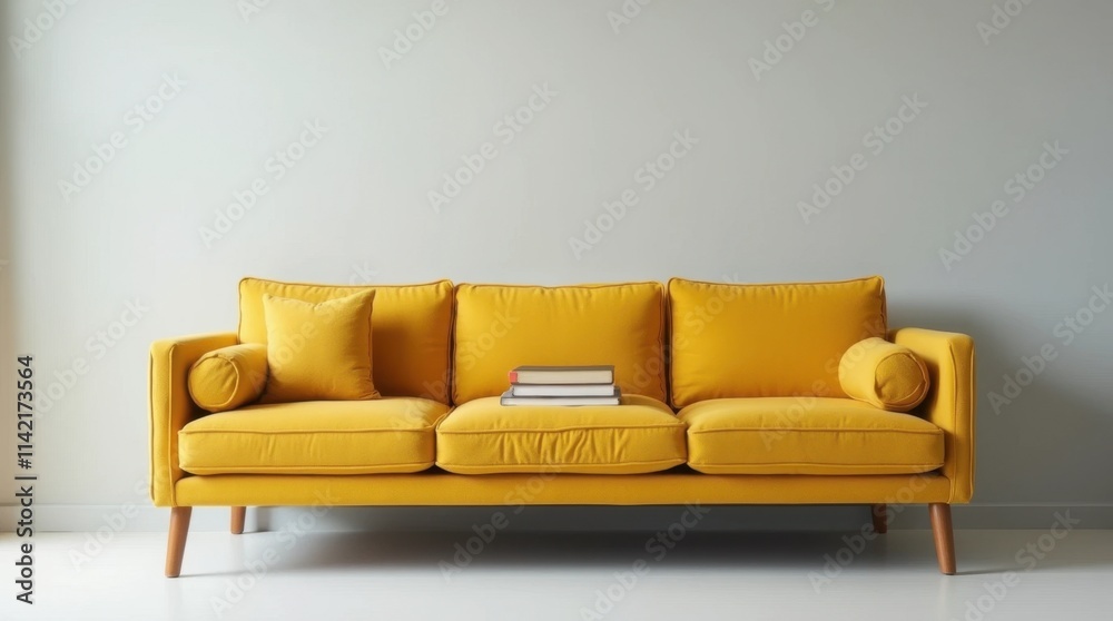 Mustard Yellow Mid-Century Sofa with Books Mustard Yellow Mid-Century Sofa with Books
