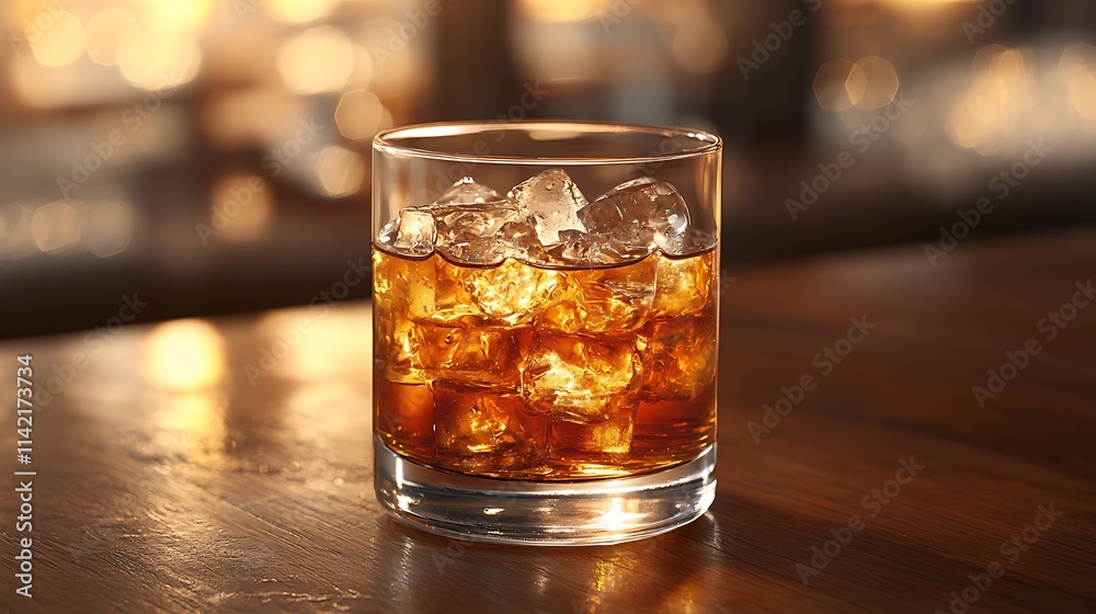 Amber liquid rests in a glass with ice cubes Amber liquid rests in a glass with ice cubes