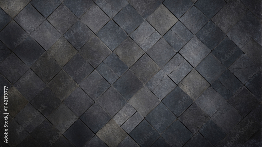 A selection of grey diamond-shaped tiles forming a modern and sophisticated textured decorative wall pattern. A selection of grey diamond-shaped tiles forming a modern and sophisticated textured decorative wall pattern.