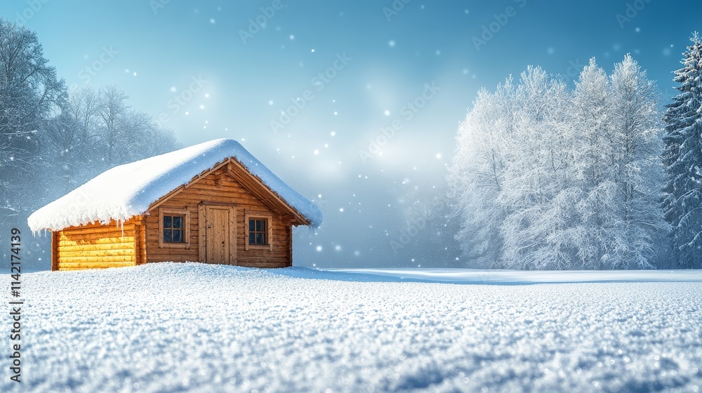 Snow-Covered Cabin in a Peaceful Winter Landscape Snow-Covered Cabin in a Peaceful Winter Landscape