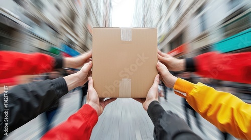 A dynamic image showing multiple hands reaching for a brown package, symbolizing delivery and collaboration in an urban setting.
