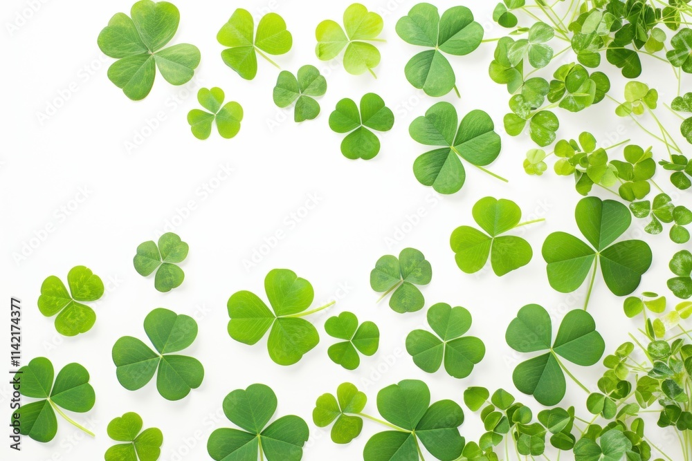 A collection of green four-leaf clovers arranged elegantly on a light neutral background, bringing the essence of St. Patrick's Day celebration and good fortune to any space
A collection of green four-leaf clovers arranged elegantly on a light neutral background, bringing the essence of St. Patrick's Day celebration and good fortune to any space