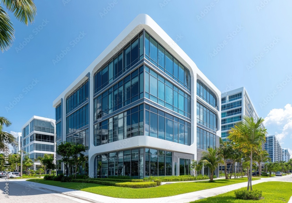 Modern Glass Building Against Clear Blue Sky with Green Landscape Modern Glass Building Against Clear Blue Sky with Green Landscape