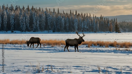 A herd of moose grazes in a snowy field with a backdrop of snow-covered forest and distant mountains at dawn or dusk. photo