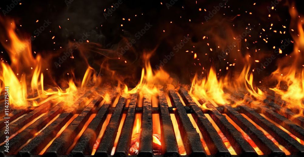 Bright flames leap from a charcoal grill, casting an orange glow that illuminates the surrounding area as the evening sets in, perfect for a barbecue gathering. Bright flames leap from a charcoal grill, casting an orange glow that illuminates the surrounding area as the evening sets in, perfect for a barbecue gathering.