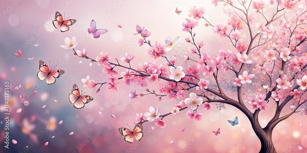 Fototapeta premium Un albero di ciliegio in full bloom with abstract flowers and delicate butterflies fluttering around it, astratto