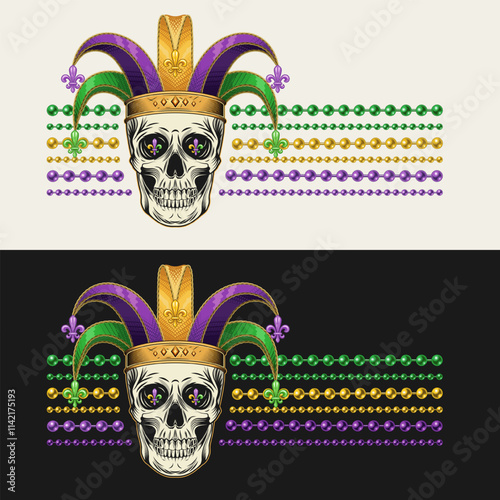 Horizontal striped Mardi Gras label with human skull in jester harlequin hat, fleur de lis symbol, strings of beads. For prints, clothing, t shirt design. Vintage style