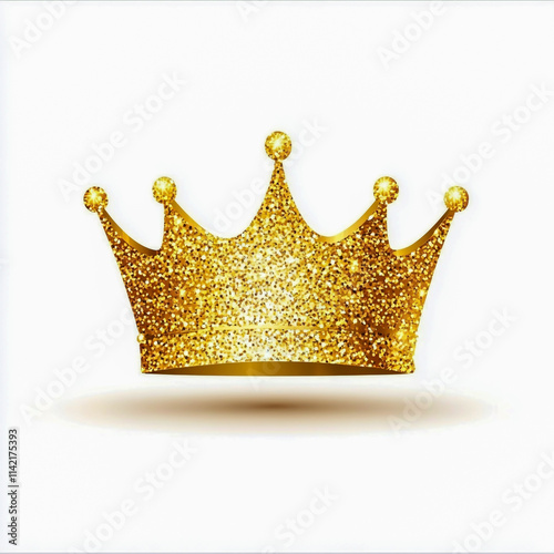 Gold glitter crown isolated illustration, queen hat icon. Success symbol isolated on white background