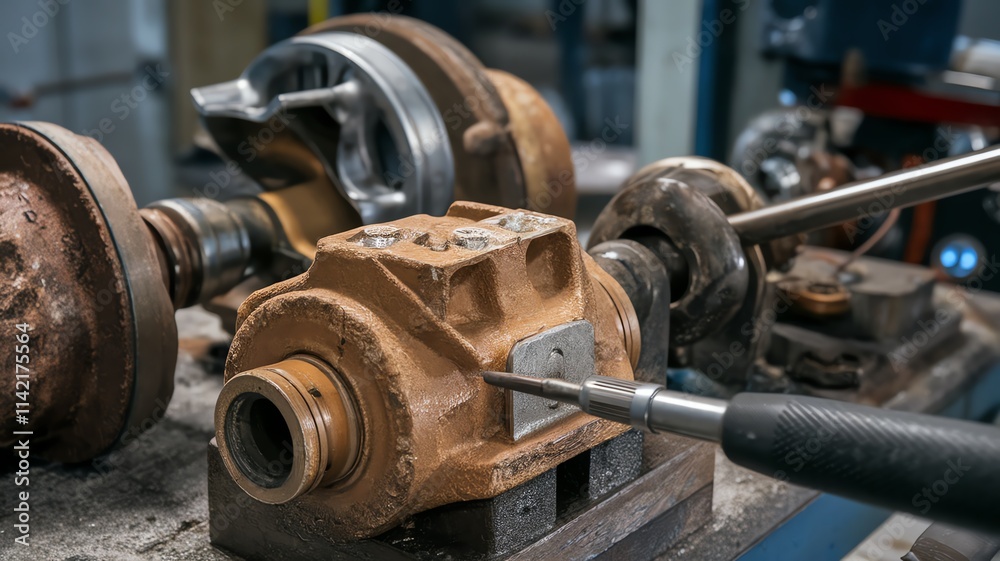 Close-up of workshop tools and machinery displaying rustic industrial components. Close-up of workshop tools and machinery displaying rustic industrial components.