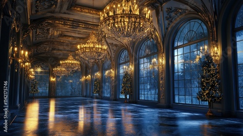 Grand ballroom with Christmas trees, chandeliers, and snowy winter view.