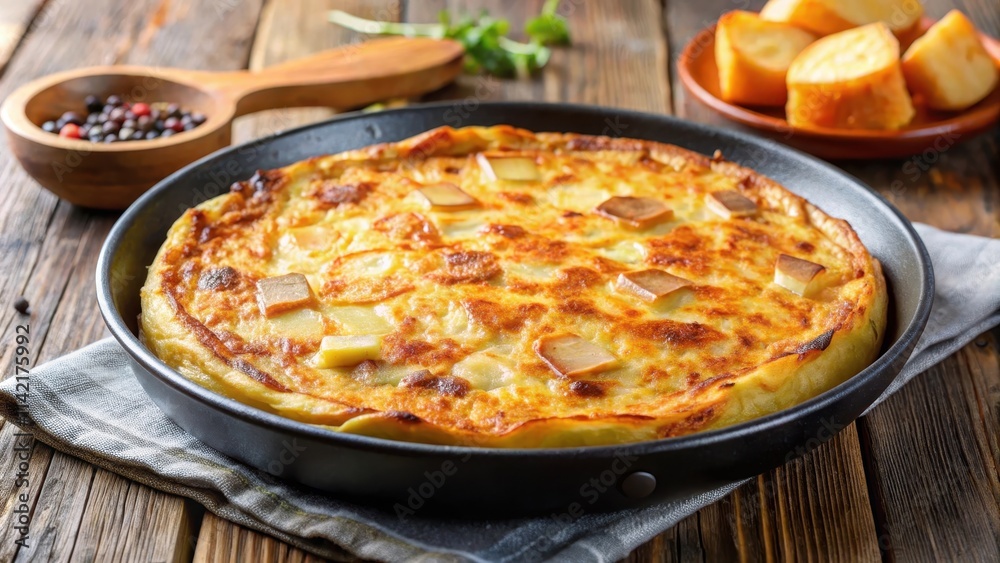 Crunchy tortilla de patatas in a pan with melted cheese on top , breakfast food, Spanish dish, breakfast food Crunchy tortilla de patatas in a pan with melted cheese on top , breakfast food, Spanish dish, breakfast food