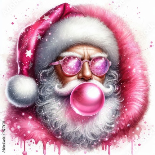 Watercolor portrait of a Santa Claus blowing pink bubble gum white beard Pink sparkly sunglasses