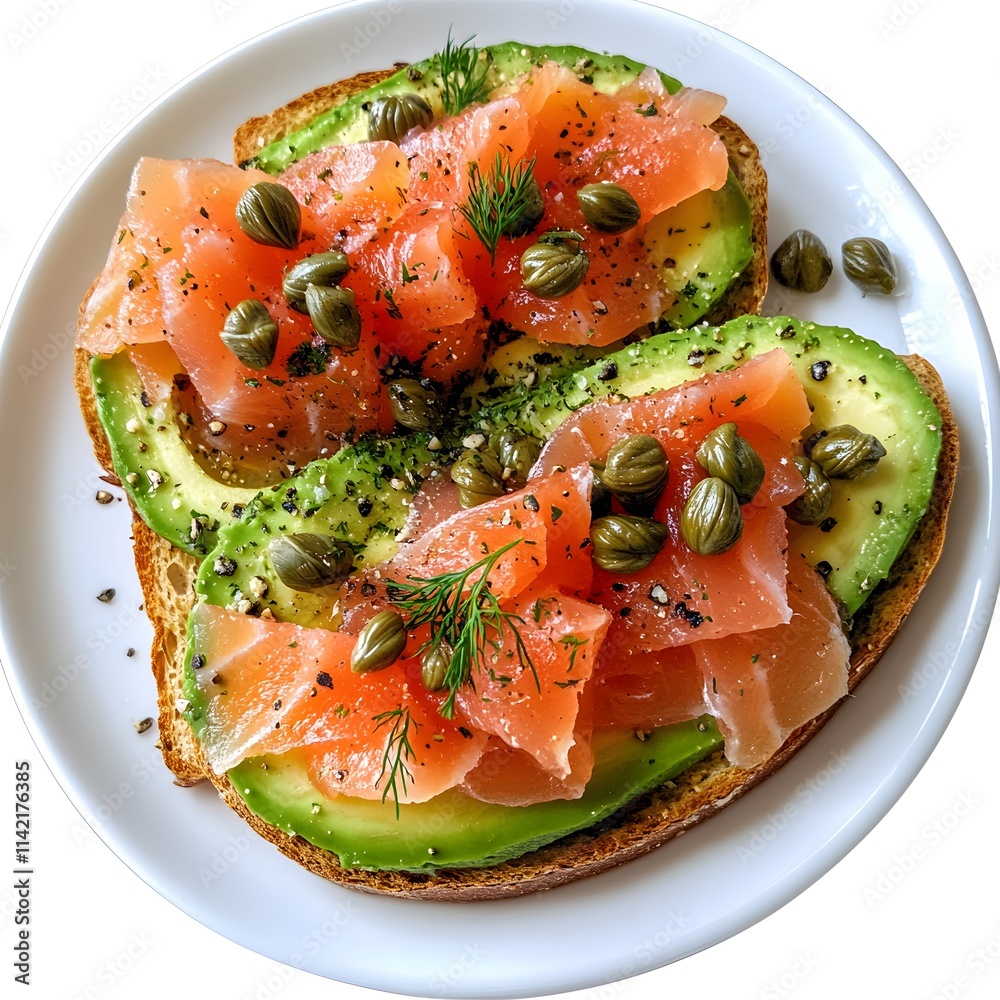 A plate of avocado toast topped with smoked salmon, capers, and dill. A plate of avocado toast topped with smoked salmon, capers, and dill.