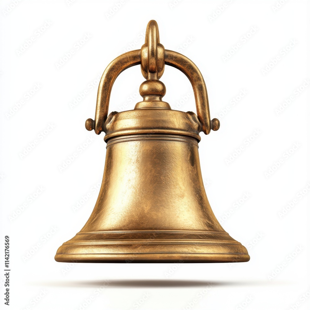 Classic brass bell hanging on a handle, reflecting light in an artistic display on a white background Classic brass bell hanging on a handle, reflecting light in an artistic display on a white background