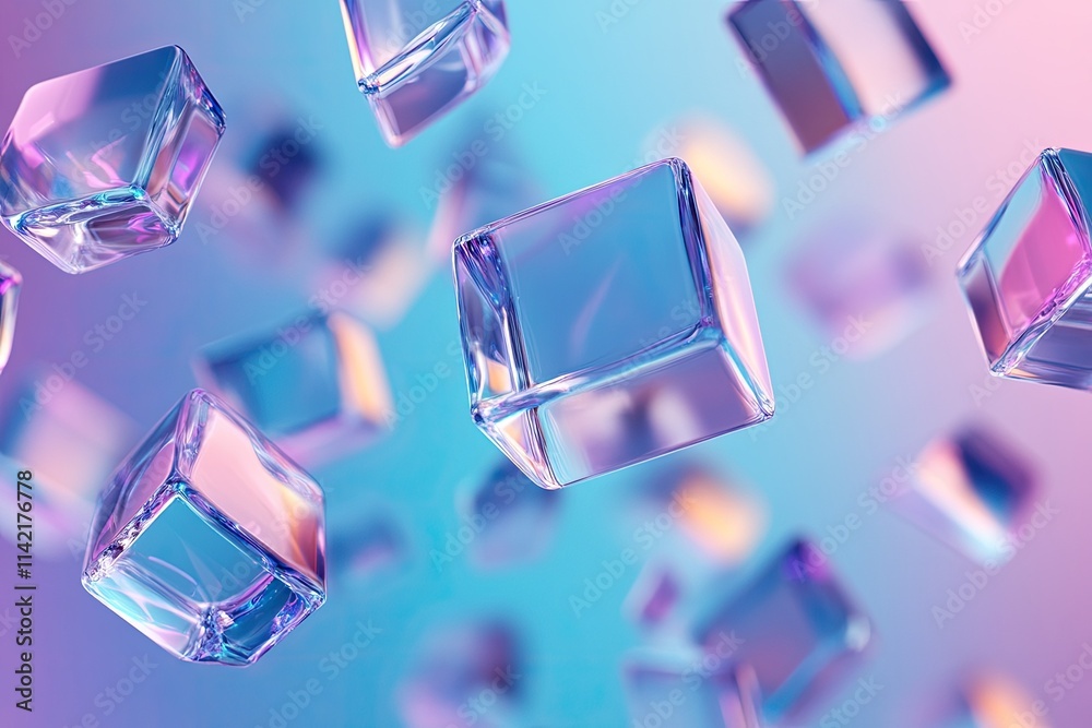 Translucent ice cubes floating in colorful abstract background Translucent ice cubes floating in colorful abstract background