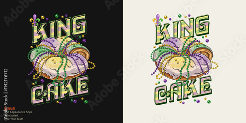 Carnival fun Mardi Gras label with traditional king cake with strings of beads, Fleur de Lis sign, scattered beads, text. Detailed illustration in vintage style with editable font style.
