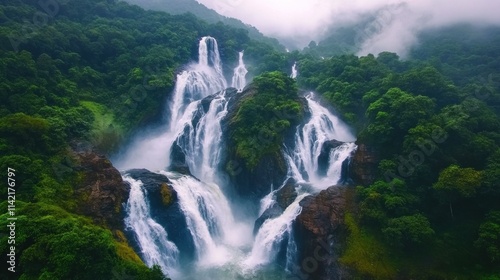 Aerial View of a Magnificent Waterfall in a Lush Tropical Forest