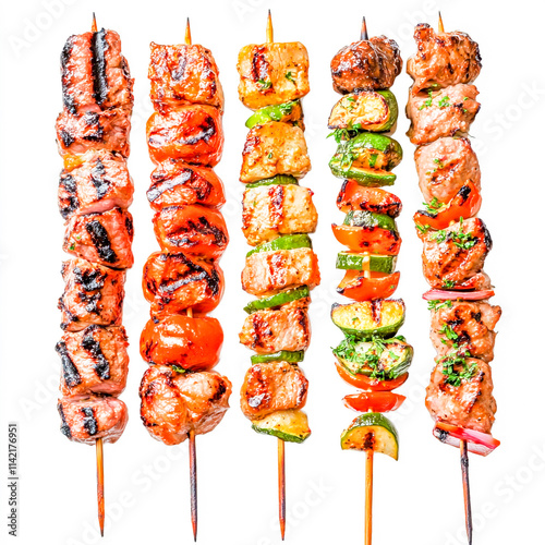 Set of delicious grilled kebabs on skewers, cut out isolated on white backround photo