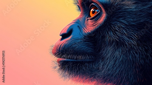 Captivating Close-Up of a Gorilla's Profile Highlighting Its Expressive Features Against a Sophisticated Gradient Background of Warm Colors