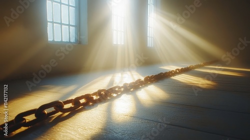 Chains on the Floor with Rays of Light Streaming Through Windows in a Dimly Lit Room, Conveying a Sense of Confinement and Hopeful Freedom