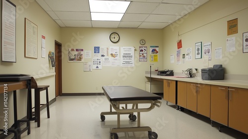 Empty pediatric clinic featuring vaccination posters, conveying a message of preparedness and public health awareness in a serene and hygienic environment.