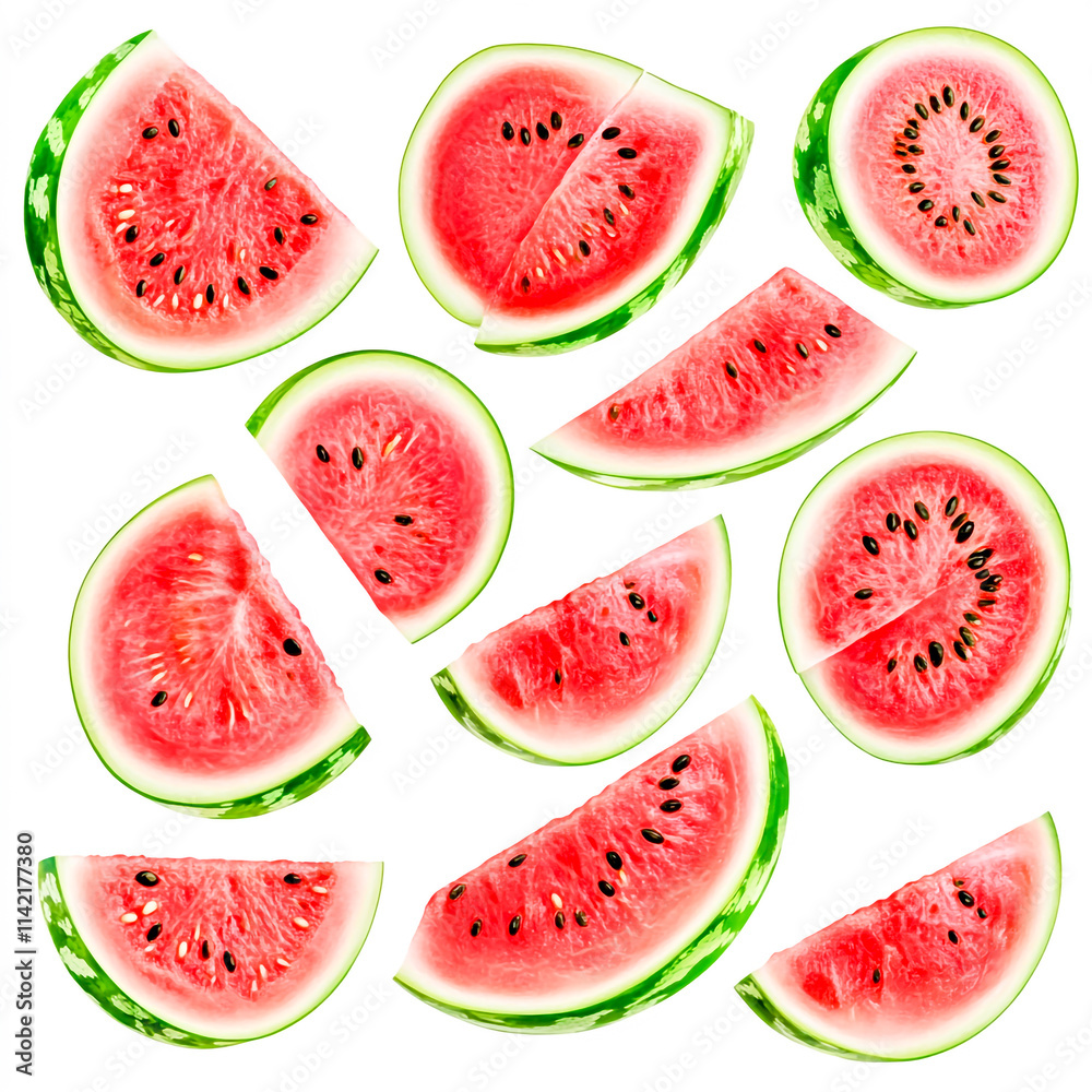 Set of delicious watermelon fruits, cut out isolated on white backround