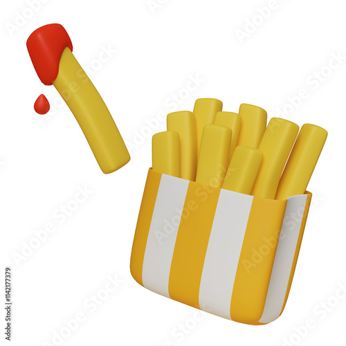 french fries in yellow striped packaging 3D graphic