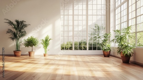 Wallpaper Mural A contemporary, light-filled loft with polished wooden floors, oversized windows framing a serene garden, and blank walls. Torontodigital.ca