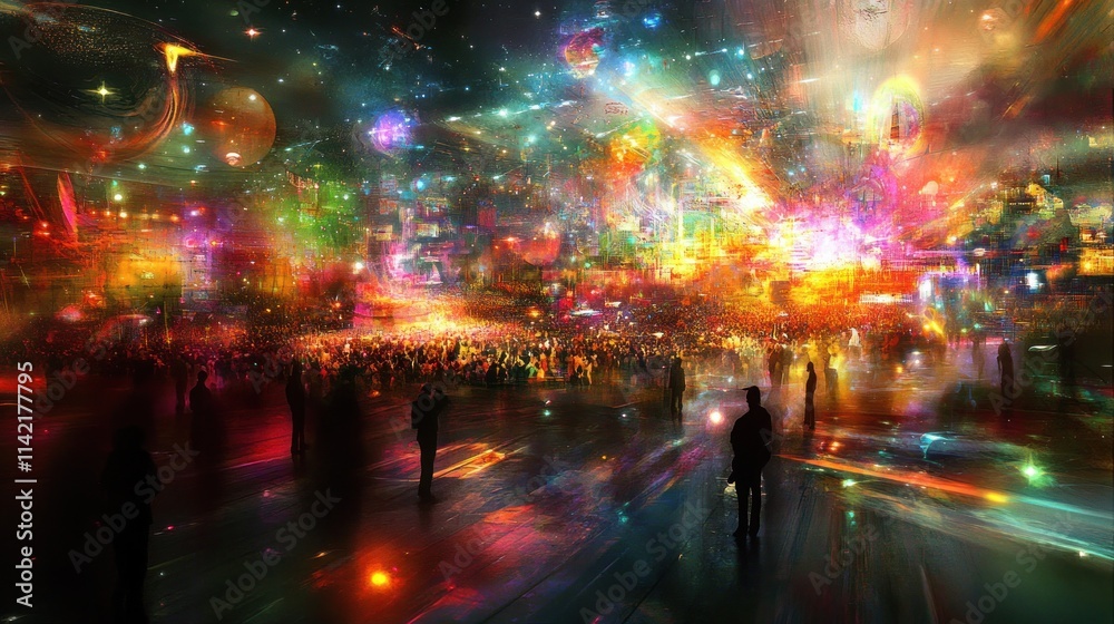 Psychedelic festival crowd at night with vibrant lights and cosmic background. Psychedelic festival crowd at night with vibrant lights and cosmic background.