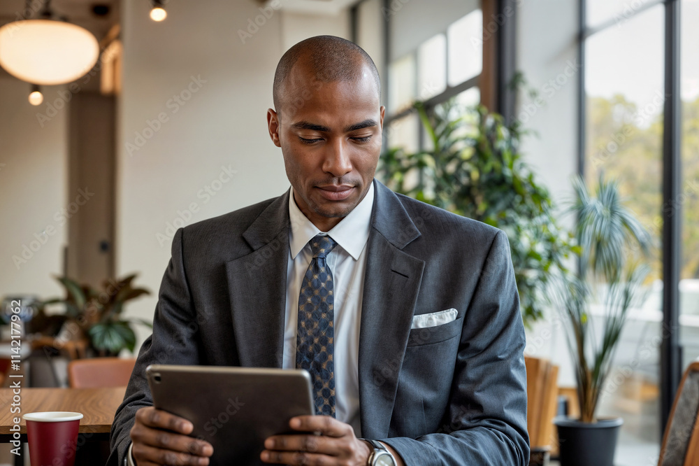 Professional Black Businessman Using Digital Tablet: Modern Leadership Professional Black Businessman Using Digital Tablet: Modern Leadership