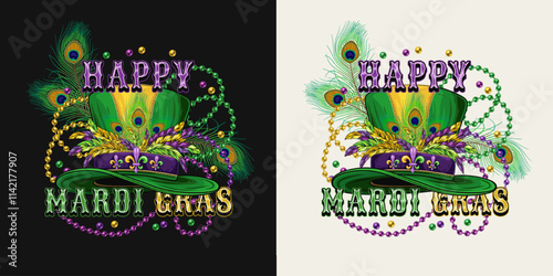 Mardi Gras emblem with tall top hat with belt, fleur de lis pins, bunch of colorful feathers, intertwined interlaced strings of beads, text. Holiday composition in vintage style.