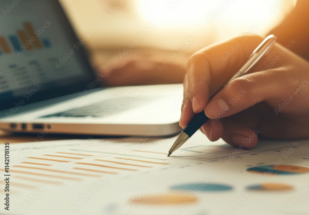 Hand Holding Pen Working on Financial Report with Laptop Nearby Hand Holding Pen Working on Financial Report with Laptop Nearby