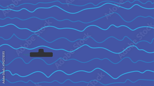 Cartoon art where there is an underwater world or depth with wavy lines. There is also a submarine floating there.