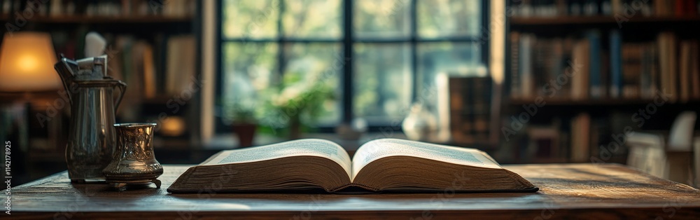 Open Book on Wooden Table in a Cozy Library Setting Open Book on Wooden Table in a Cozy Library Setting