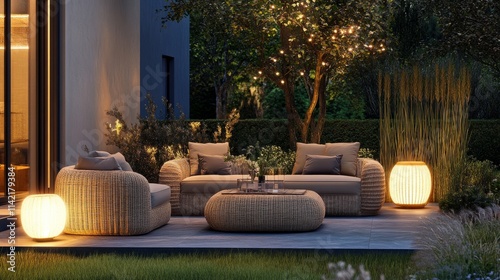 A modern garden setting with a rattan furniture set, a small table, and contemporary outdoor lamps creating a sophisticated ambiance. photo