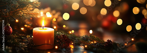 A dark background with candles and lights, creating an atmosphere of warmth and tranquility for the Christmas season. The candles cast beautiful bokeh light on the surrounding area,