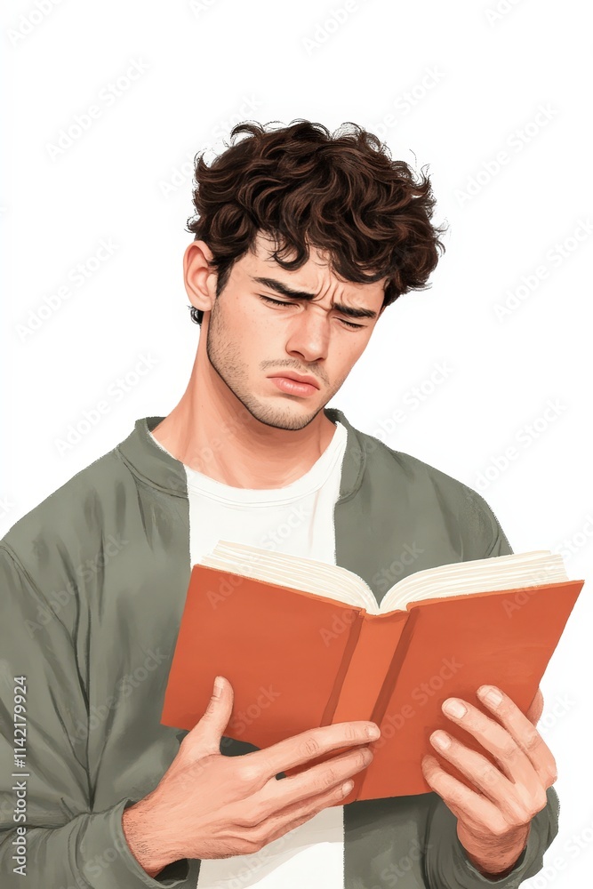 Young man with curly hair reading a book, looking confused or puzzled in a casual outfit, isolated on white background Young man with curly hair reading a book, looking confused or puzzled in a casual outfit, isolated on white background