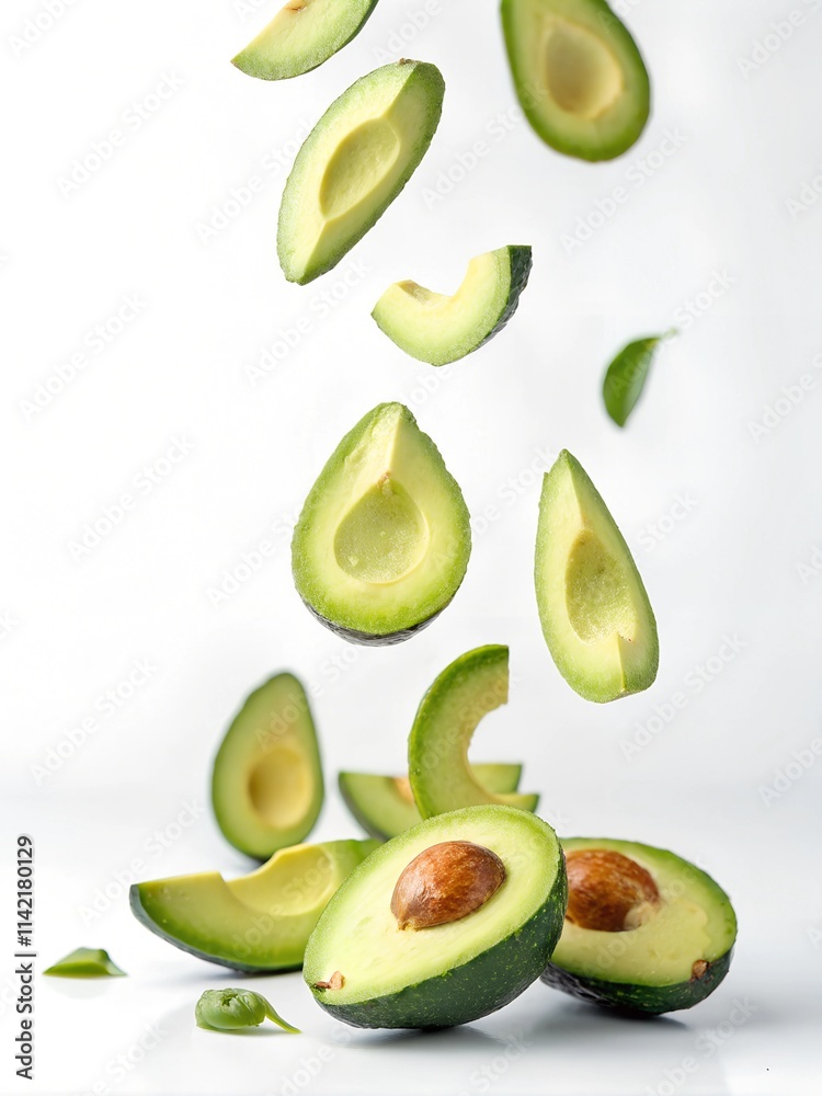 Falling avocado pieces on a white background. Ripe avocado pieces. Floating avocado fruits in the air.