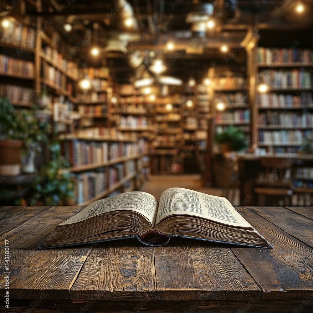 Open Book on Wooden Table in a Cozy Library Setting Open Book on Wooden Table in a Cozy Library Setting